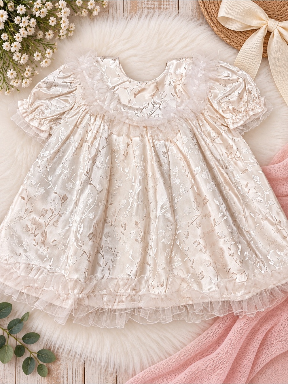 Classic Ivory Floral Girls' Formal Dress with Ruffle Collar